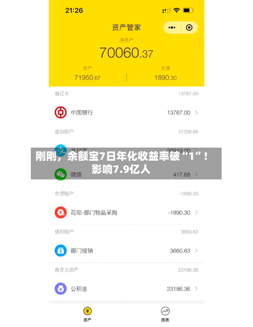 刚刚	，余额宝7日年化收益率破“1”！影响7.9亿人-第1张图片